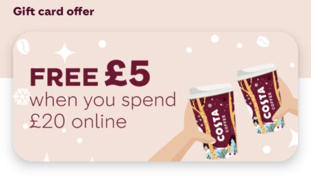 Free £5 bonus with £20 Costa giftcard purchase [Costa]