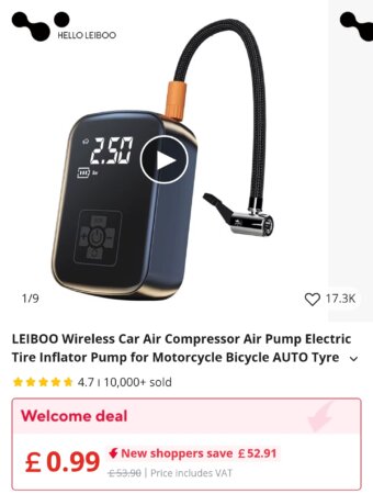 Wireless tyre inflator for 99p (delivered free too)