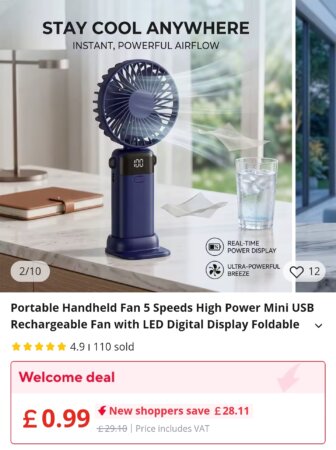 Portable handheld fan (99p, free delivery)
