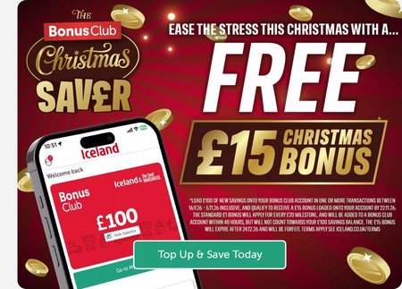 Free £15 Iceland Bonus Club Christmas Saver