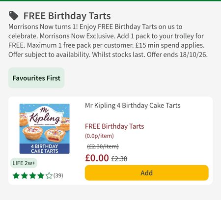 Free Mr Kipling 4 Birthday Cake Tarts [Morrisons -online]